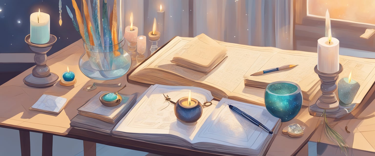 A table with crystals, candles, and a vision board. A journal, pen, and incense. A peaceful, organized space with natural light