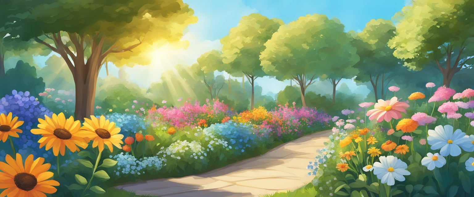 A garden blooming with diverse, vibrant plants and flowers, surrounded by rays of sunshine and a clear blue sky