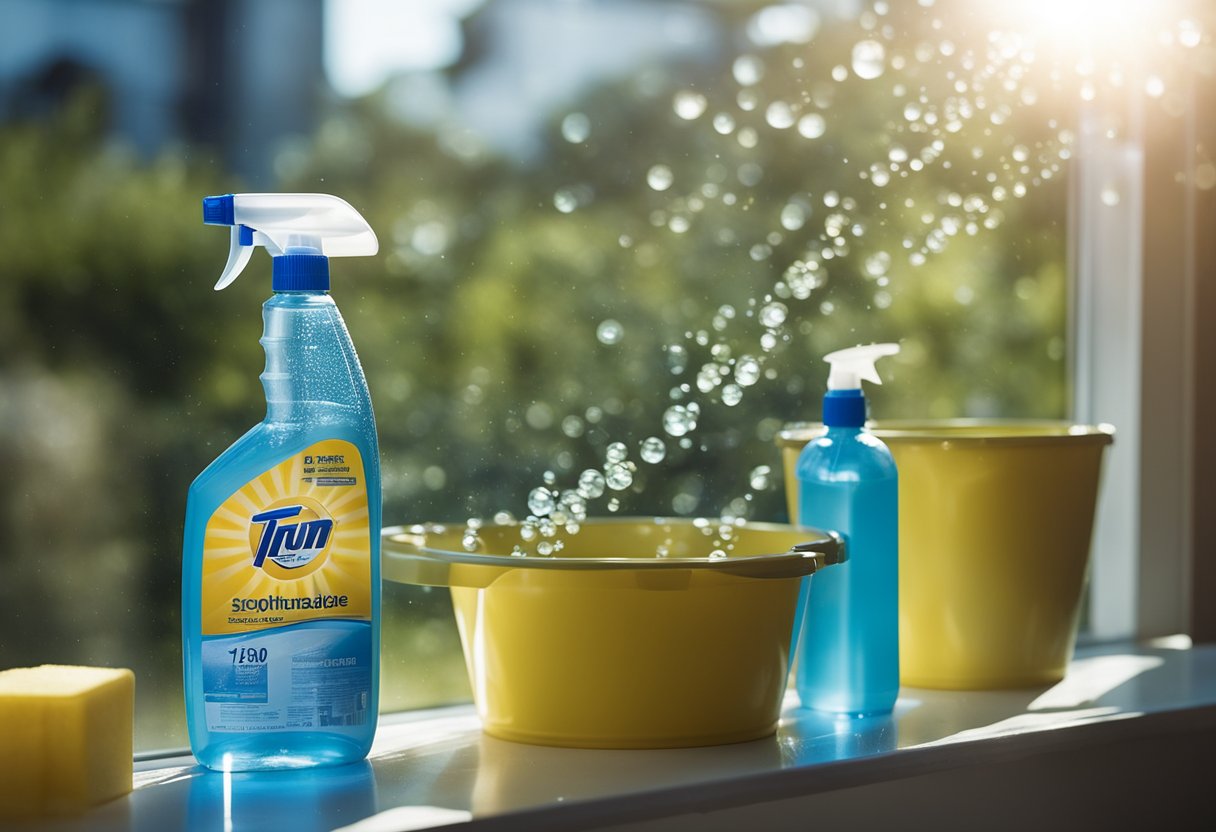 A squeegee and bucket of soapy water sit on a windowsill, with streak-free solution bottles nearby. The sun shines through the sparkling clean glass