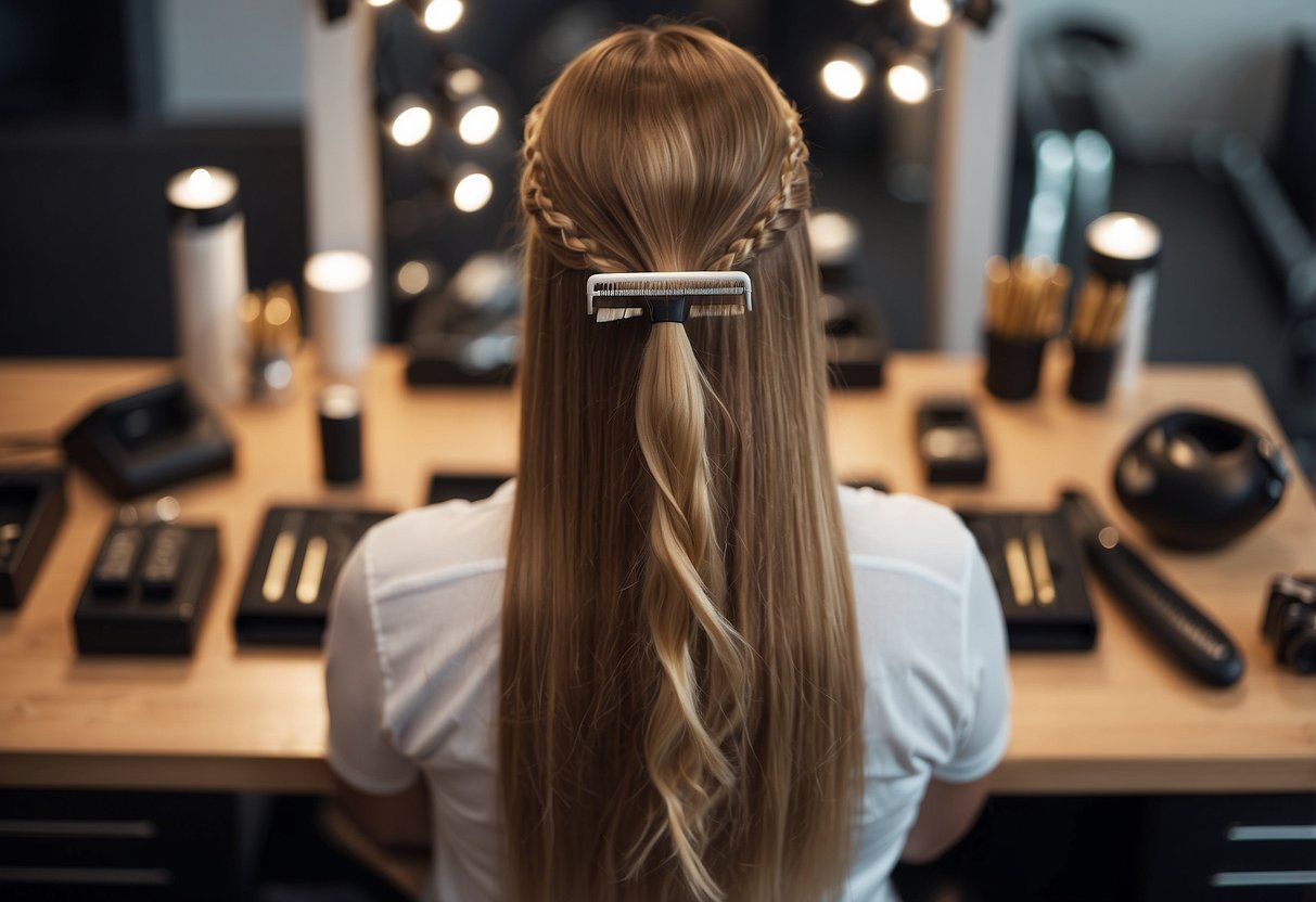 A hairdresser using proper tools and technique to attach hair extensions, with various accessories neatly organized on a workstation