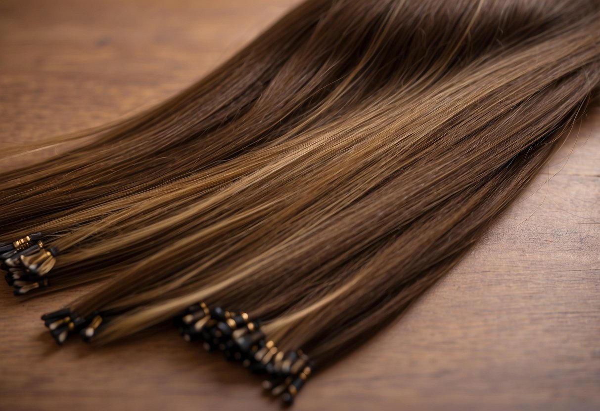 Hair extensions hang limp and brittle, lacking luster. A lack of moisture is evident, with visible frizz and tangles