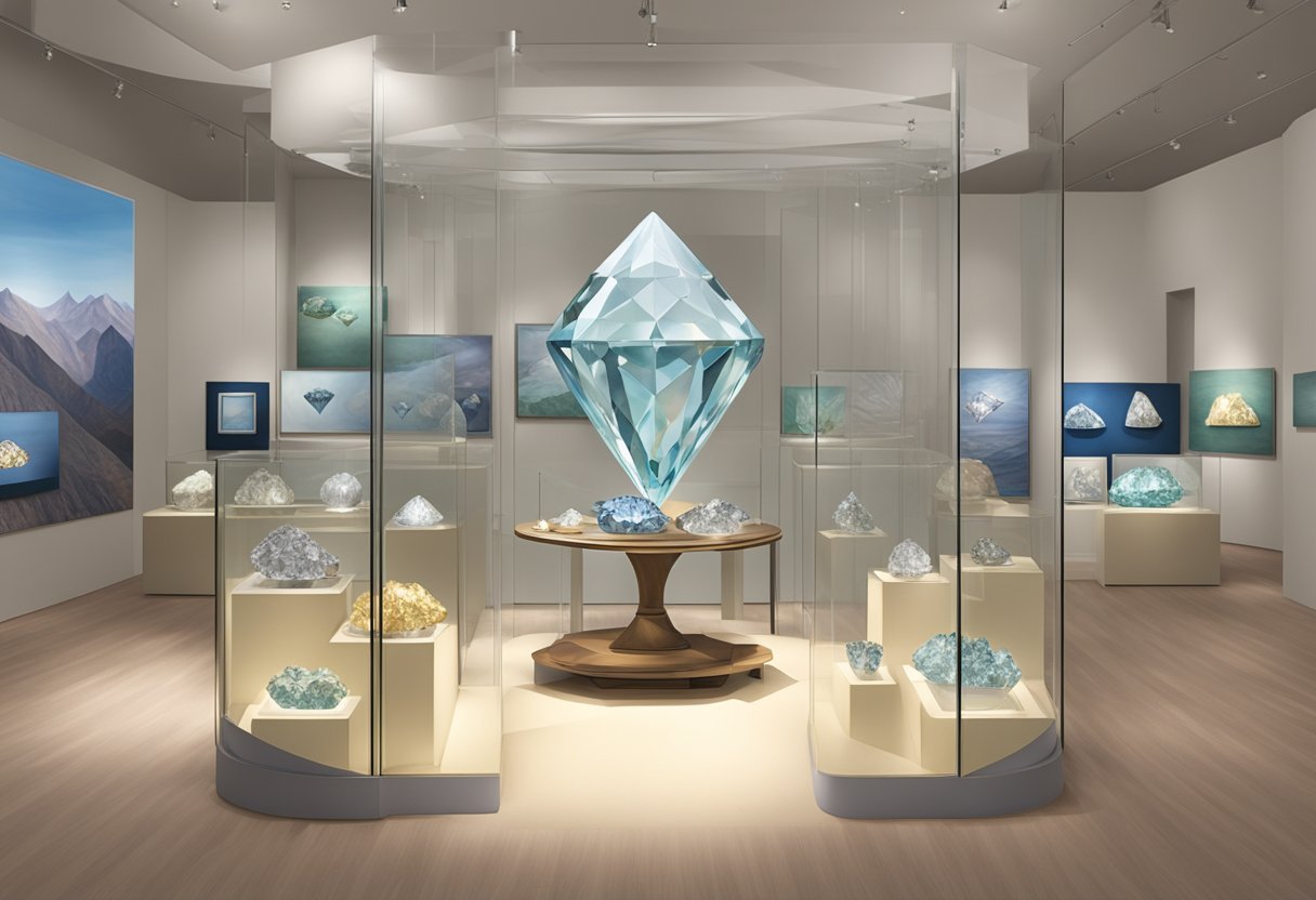 A rare diamond exhibit with various shapes, sizes, and colors showcased in a museum setting