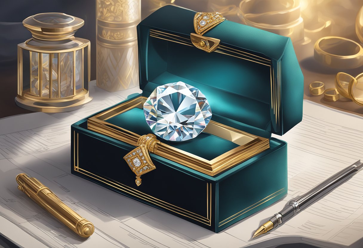 A sparkling diamond nestled in a velvet-lined jewelry box, surrounded by intricate legal documents and ethical guidelines