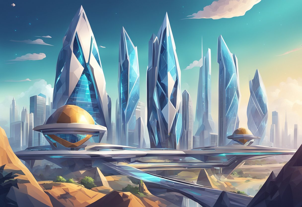 A futuristic cityscape with rare diamond-shaped buildings and advanced technology