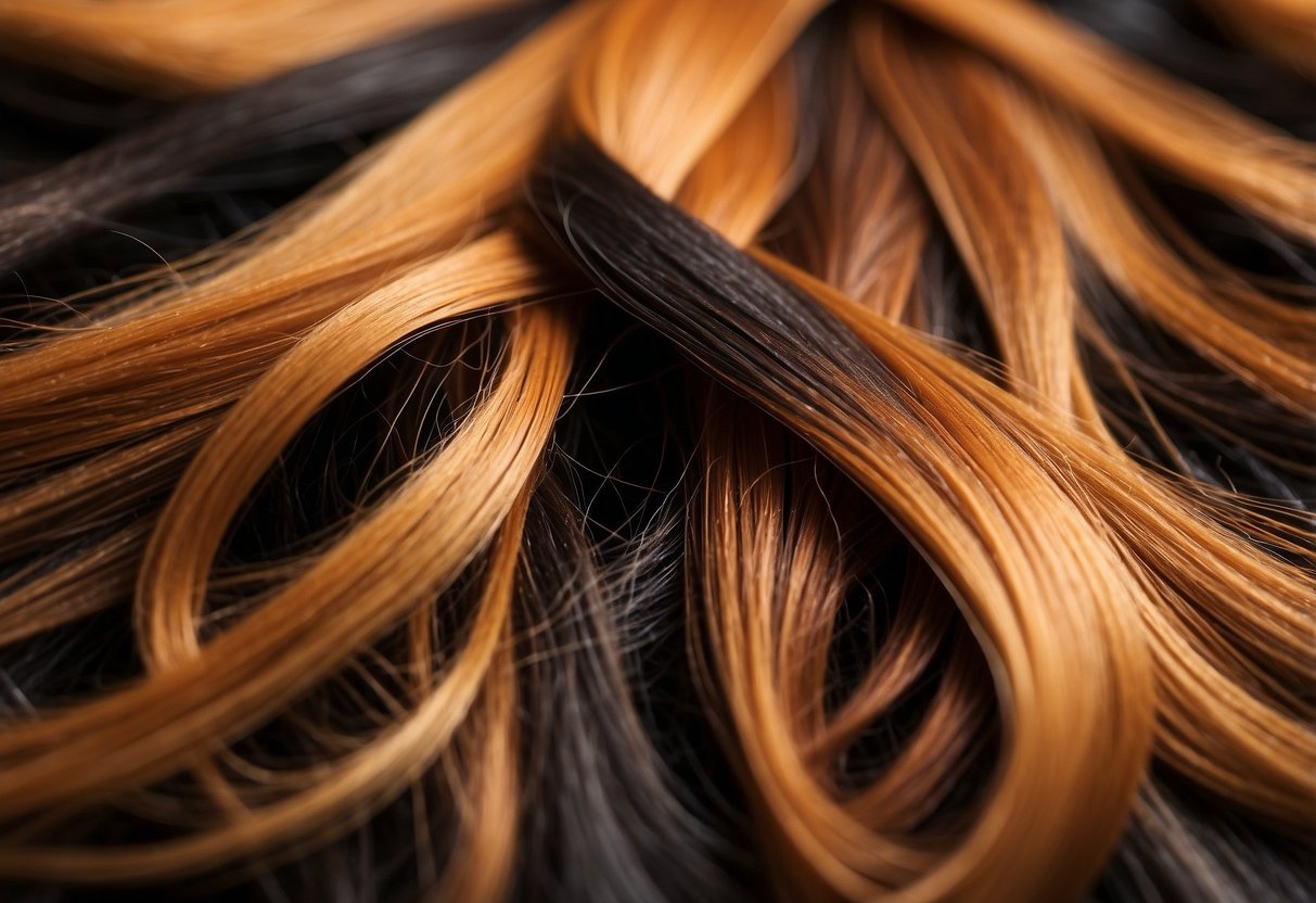 Hair extensions in a tangled mess, product residue visible, turning from dark to orange hues