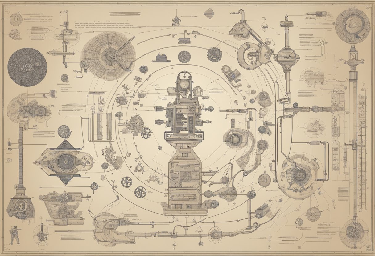 An ancient scroll depicts the evolution of AI from early mechanical devices to modern neural networks. Symbols and diagrams illustrate key advancements