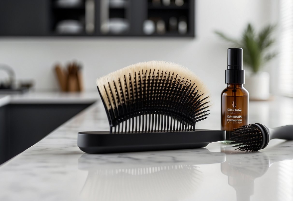 A woman's hair extensions lay on a sleek, white countertop. A bottle of anti-frizz serum and a wide-tooth comb sit nearby