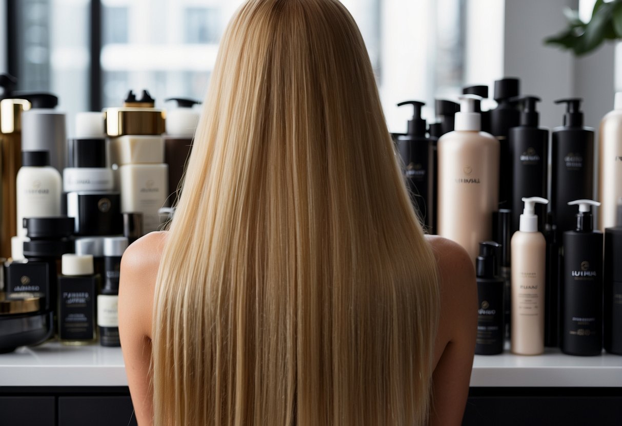 Frizzy hair extensions on a mannequin head, surrounded by hair care products and tools. The scene is bright and clean, with a focus on long-term resilience