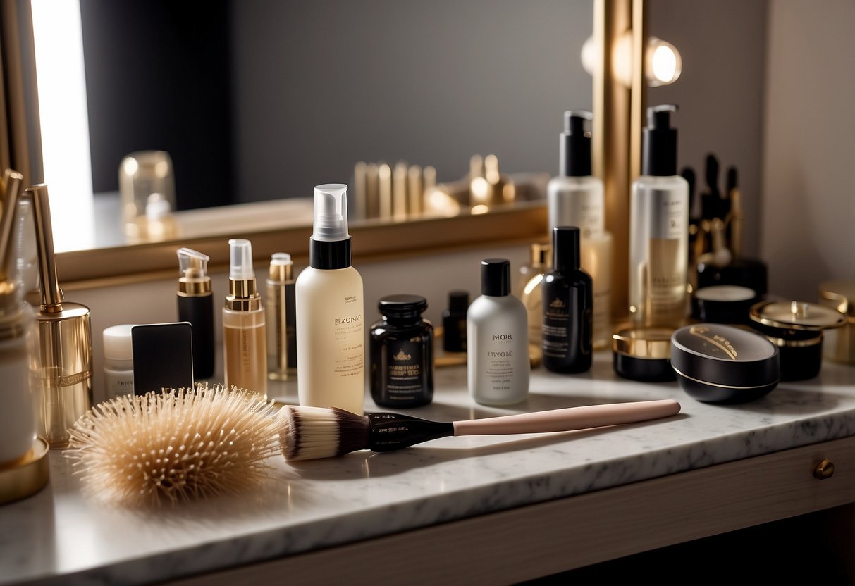 Frizzy hair extensions lay on a cluttered vanity, surrounded by hair care products and a tangled brush