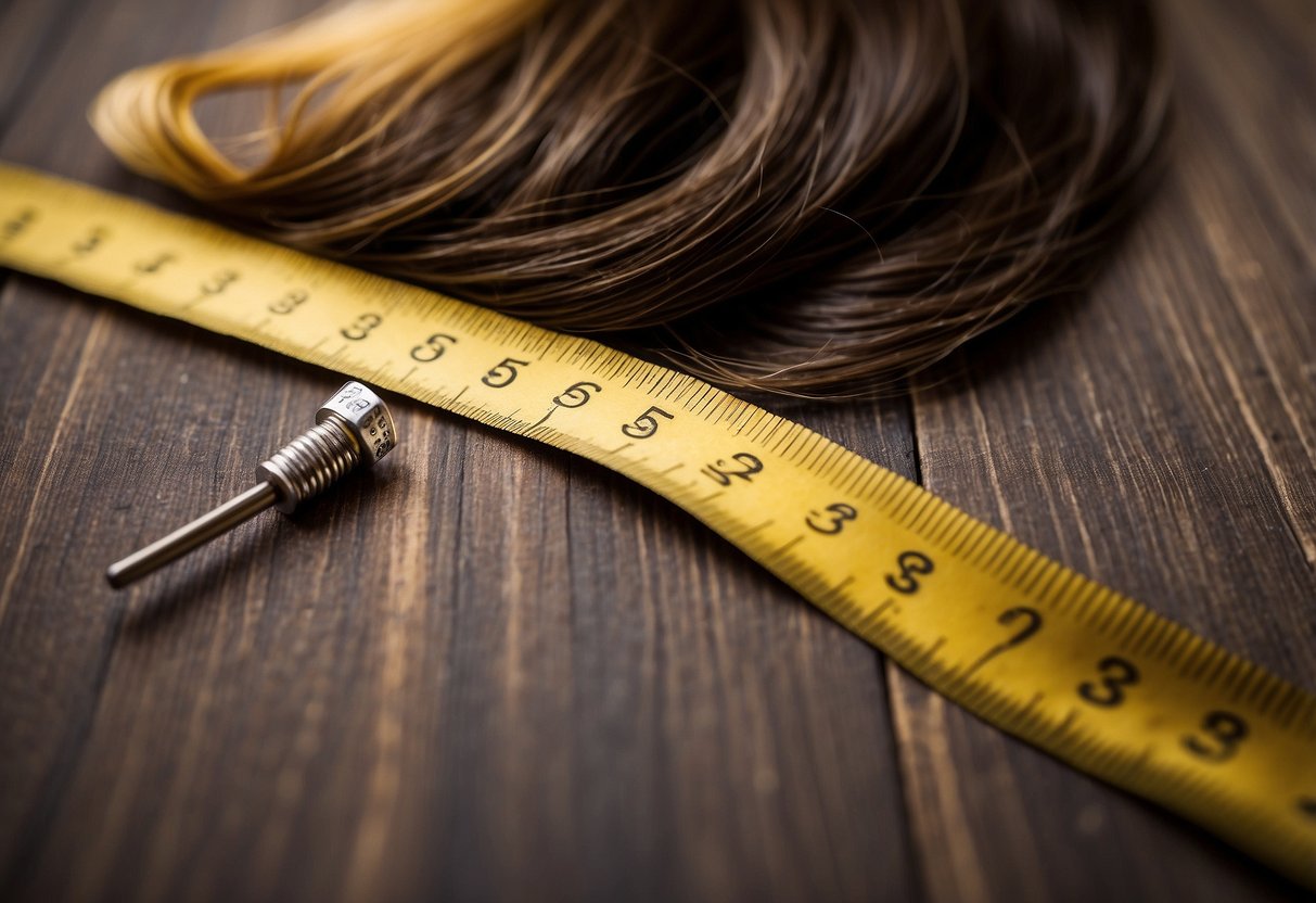 A measuring tape wrapped around a bundle of hair extensions, showing a decrease in length