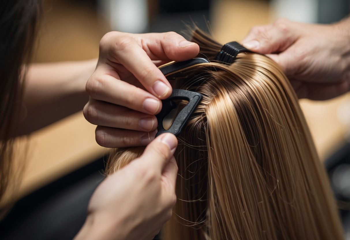 Hair extensions being carefully secured with strong adhesive and gently brushed to ensure longevity