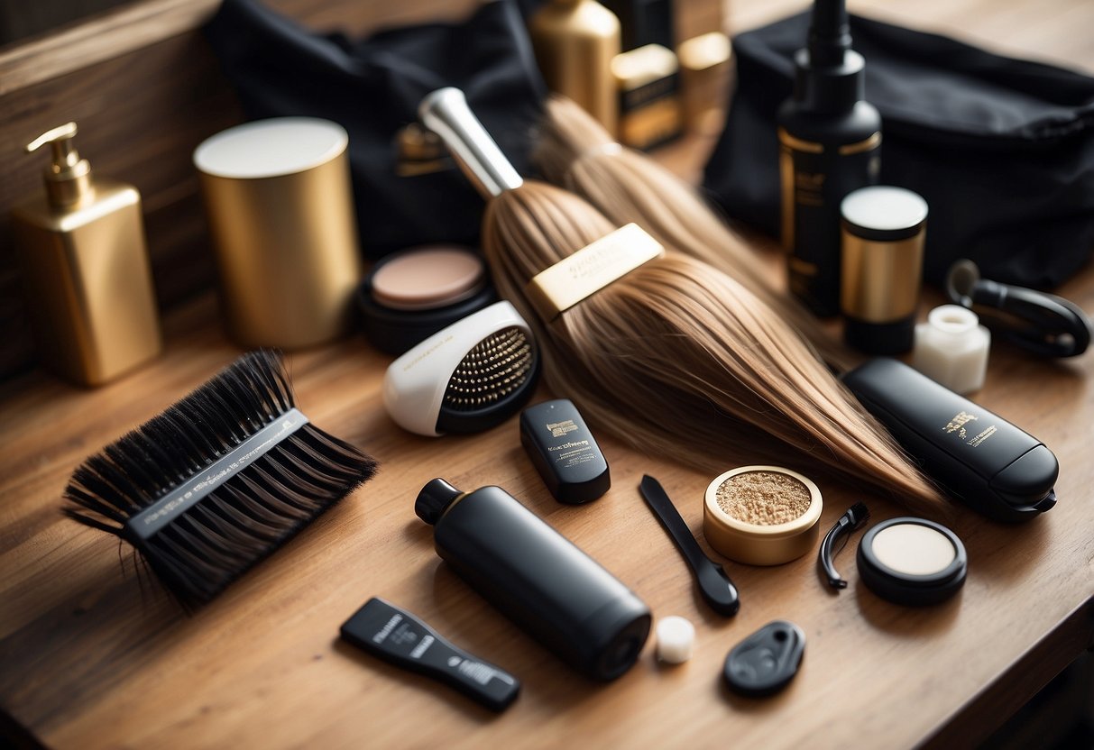 A hair extension hanging on a brush, surrounded by hair care products and a maintenance guide