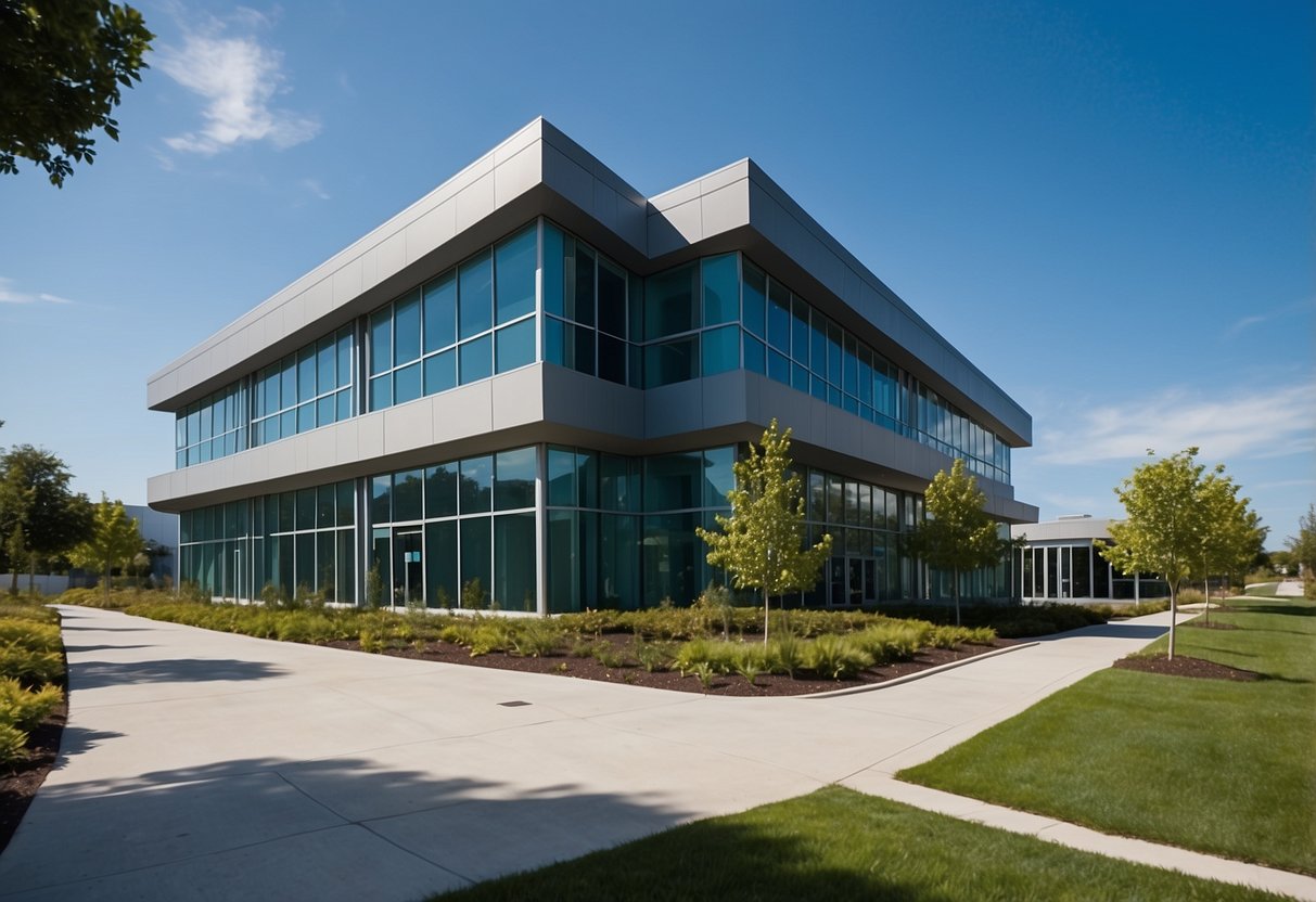 A modern, sleek office building with clean lines and large windows, set against a clear blue sky. The building is surrounded by lush green landscaping, with a paved walkway leading up to the entrance