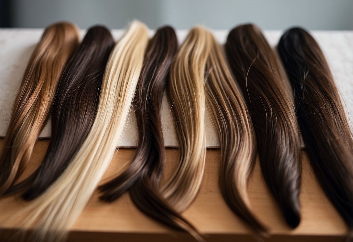 A variety of hair extensions lay on a table, some straight and sleek, while others appear dry and brittle