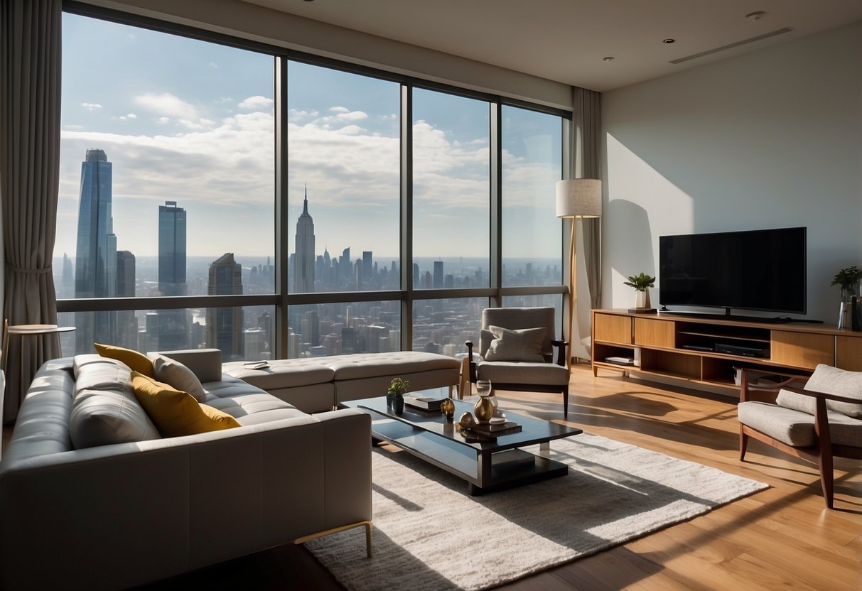 A bright, spacious living room with modern furniture and large windows, showcasing a stunning view of the city skyline. The room is impeccably clean and well-lit, with vibrant colors and sharp details