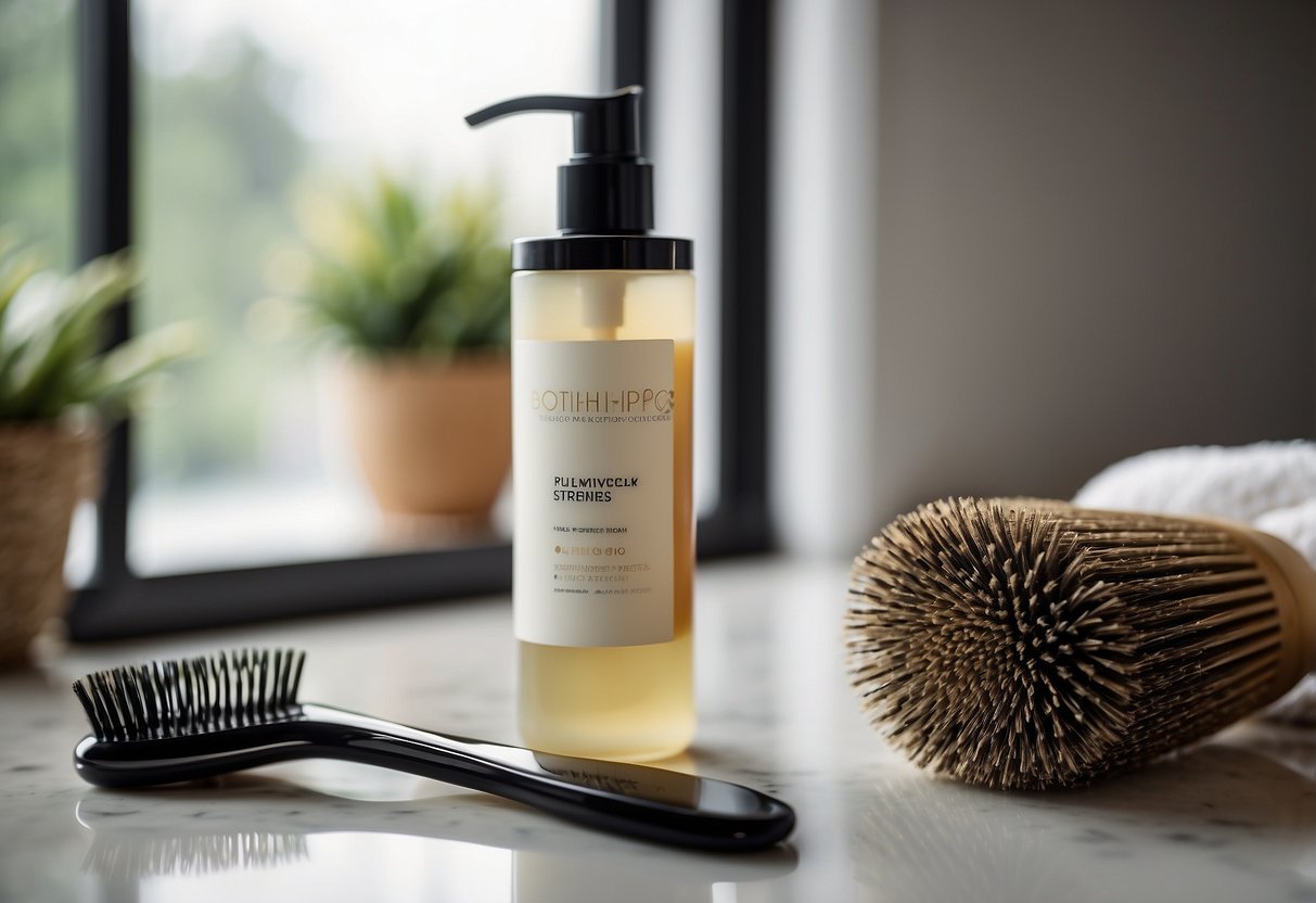 A bottle of hair conditioner sits next to a hairbrush on a bathroom countertop. The window is open, allowing sunlight to filter in, highlighting the dry strands of hair extensions