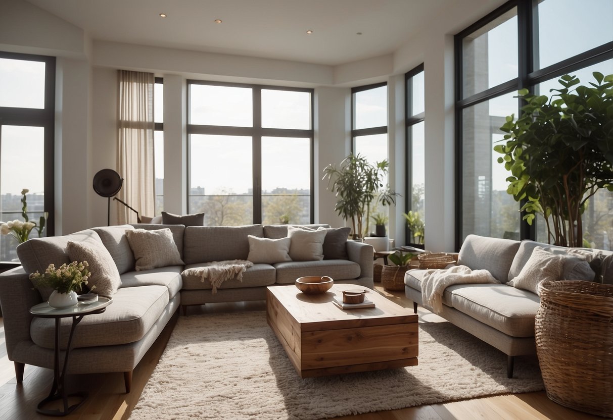 A bright, modern living room with large windows and natural light. A professional camera and tripod are set up, ready to capture the space