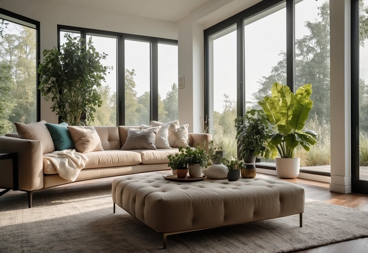 A bright, spacious living room with modern furniture and large windows overlooking a green garden. The room is tastefully decorated with neutral colors and minimalistic accents