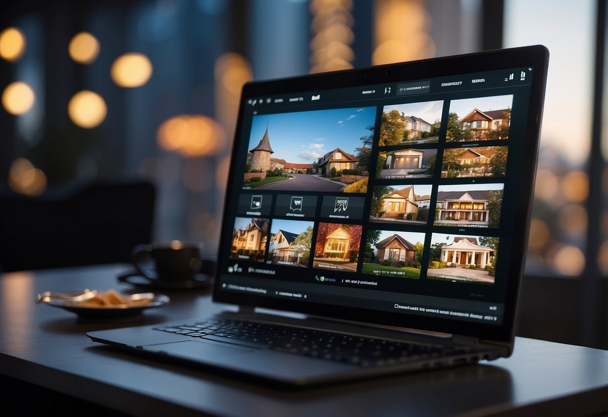 A computer with editing software open, displaying a real estate photo. A virtual tour creation interface is visible on the screen