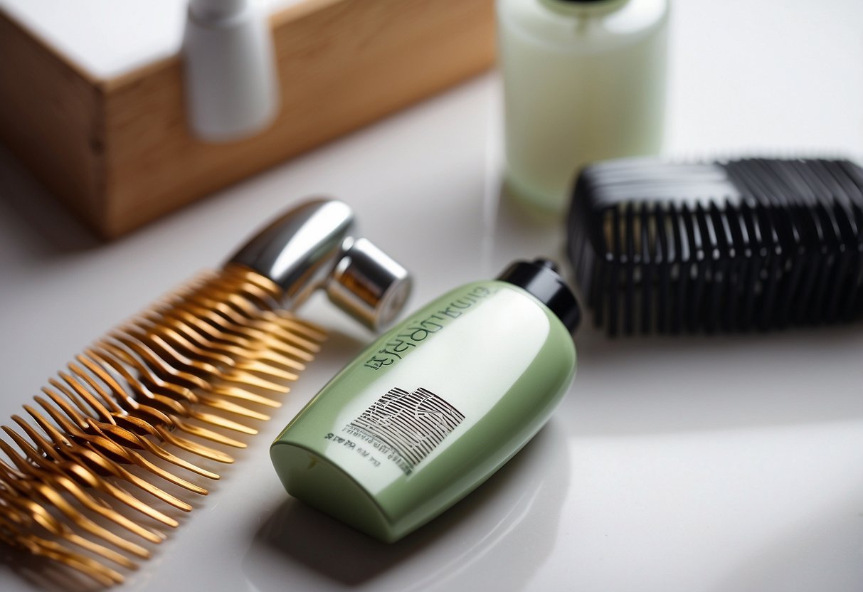 A comb, detangling spray, and hair conditioner arranged on a clean, white surface