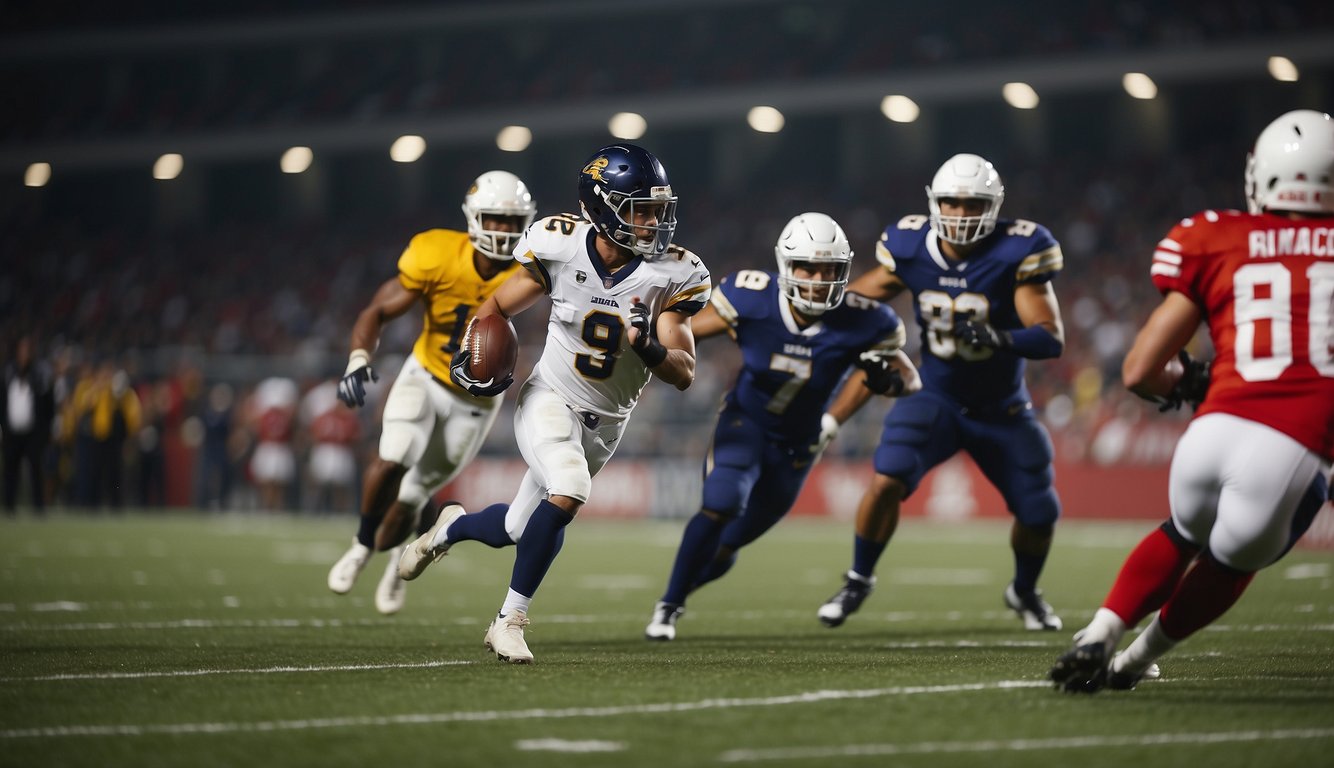 Two opposing sports teams, OW and DAFA, face off on a field. The players are in action, running, passing, and shooting towards the goal