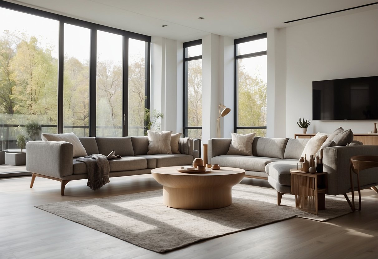 A bright, spacious living room with natural light streaming in through large windows. Clean lines and modern furniture create a minimalist yet inviting atmosphere