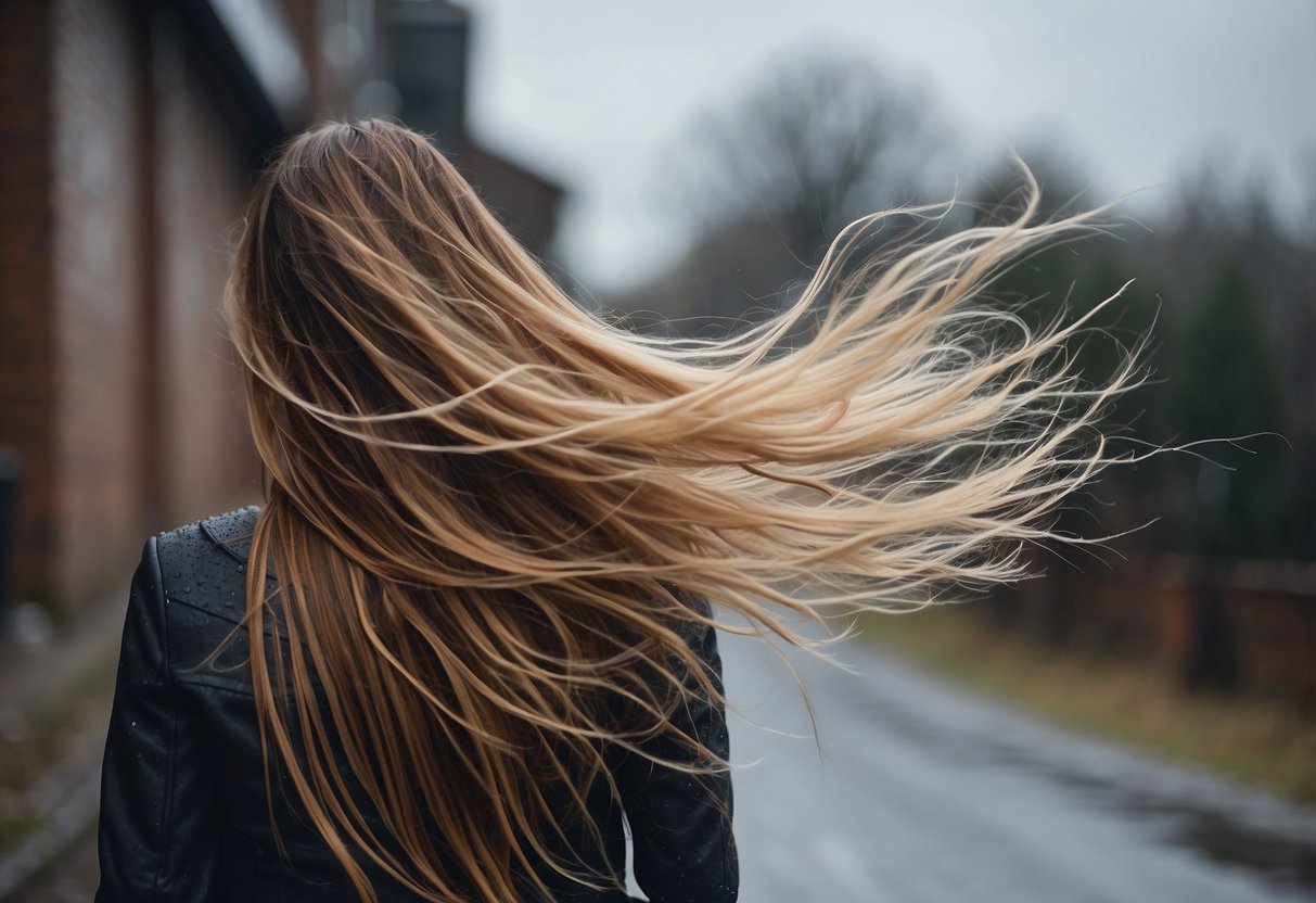 Hair extensions tangled in wind and rain, brushing against rough surfaces