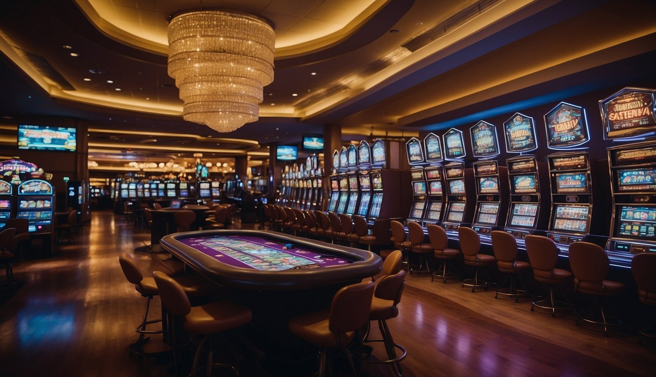 A crowded casino floor with flashing lights and rows of slot machines, while a large screen displays live sports betting options