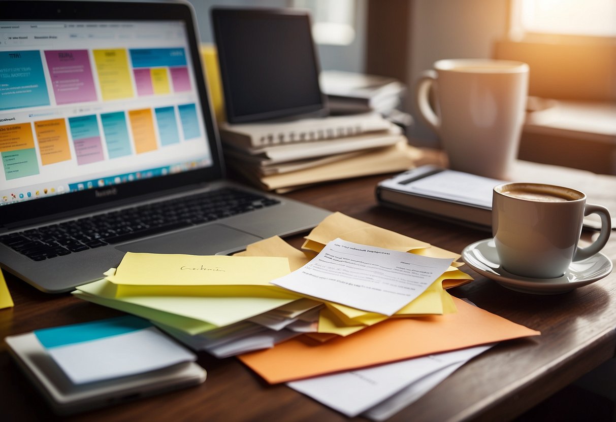 A cluttered desk with a computer, coffee mug, and papers. A stack of real estate photos with editing terms written on sticky notes