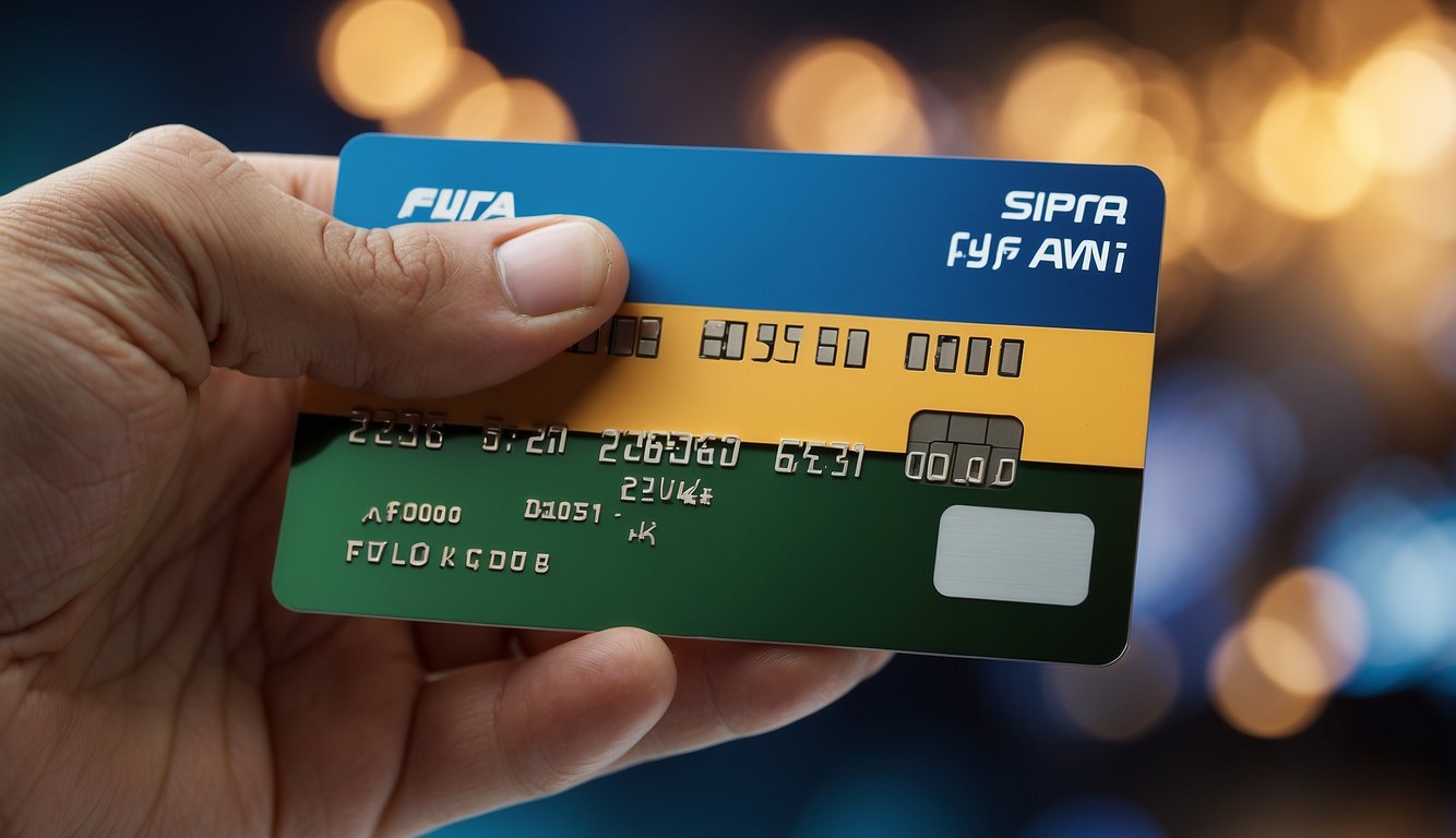 A hand holding a credit card hovers over two options: "Dafa Sports" and "Now Sports" on a digital screen. Icons for online banking and payment methods are displayed below