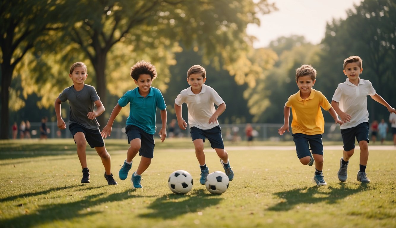 People playing various sports in a park: soccer, basketball, tennis, and volleyball. Families having picnics and children running around