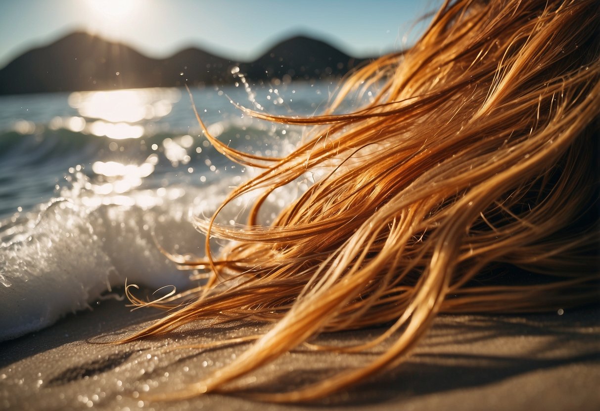 A sunny beach with salty ocean water splashing onto a pile of hair extensions, causing them to gradually turn orange