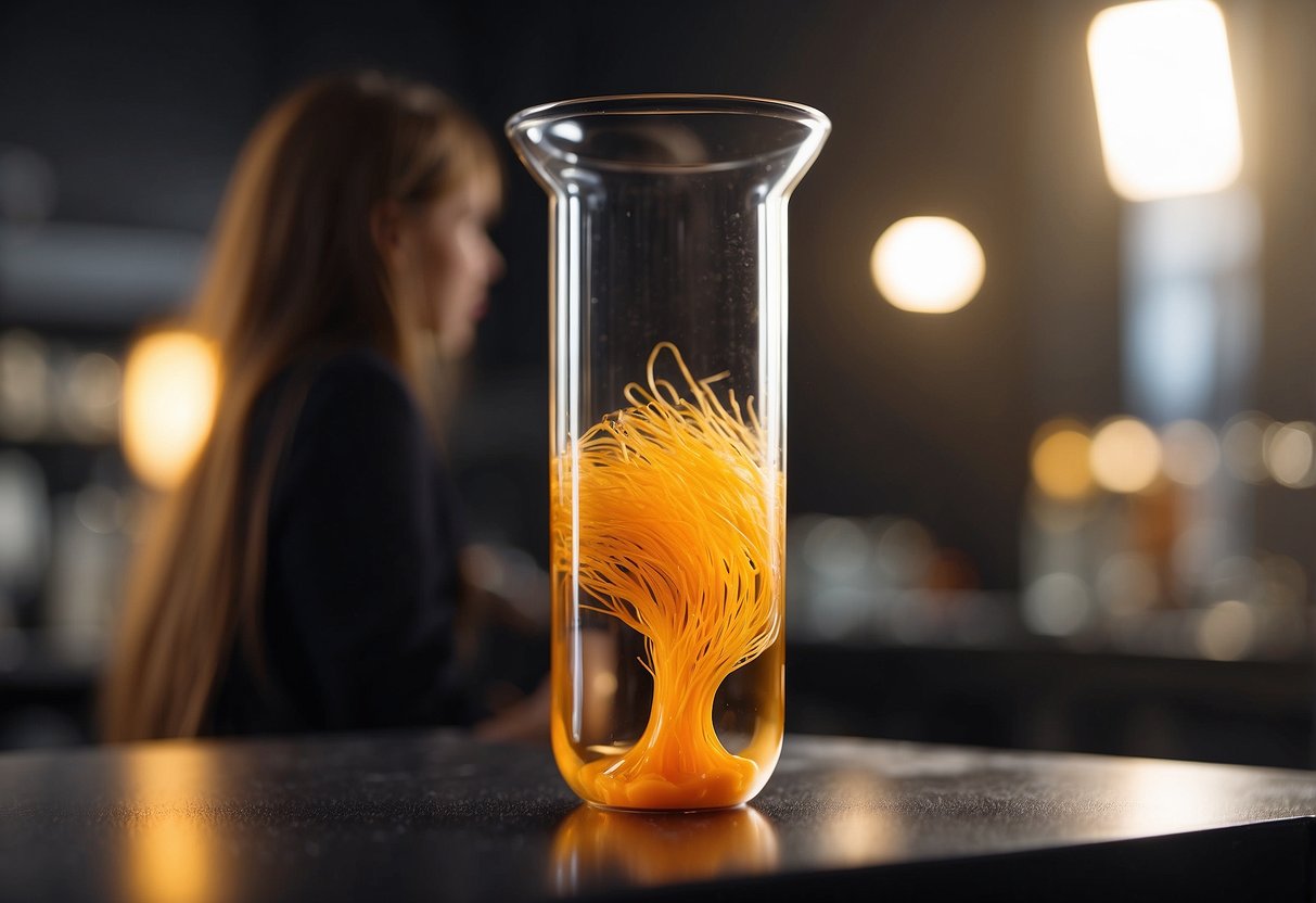 Hair extensions in a clear glass beaker. A small amount of orange liquid is being added, causing the hair to change color