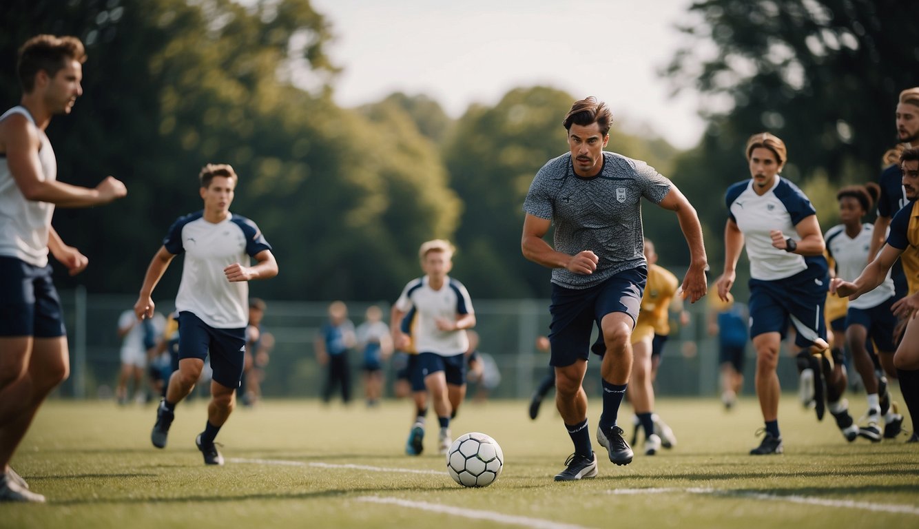 A group of people playing recreational sports in a park, while another group competes in a nearby stadium