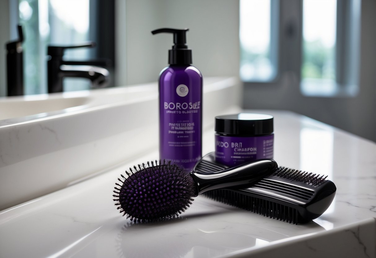 A bottle of purple shampoo and a deep conditioning treatment sit on a bathroom counter next to a hair extension brush and a wide-tooth comb