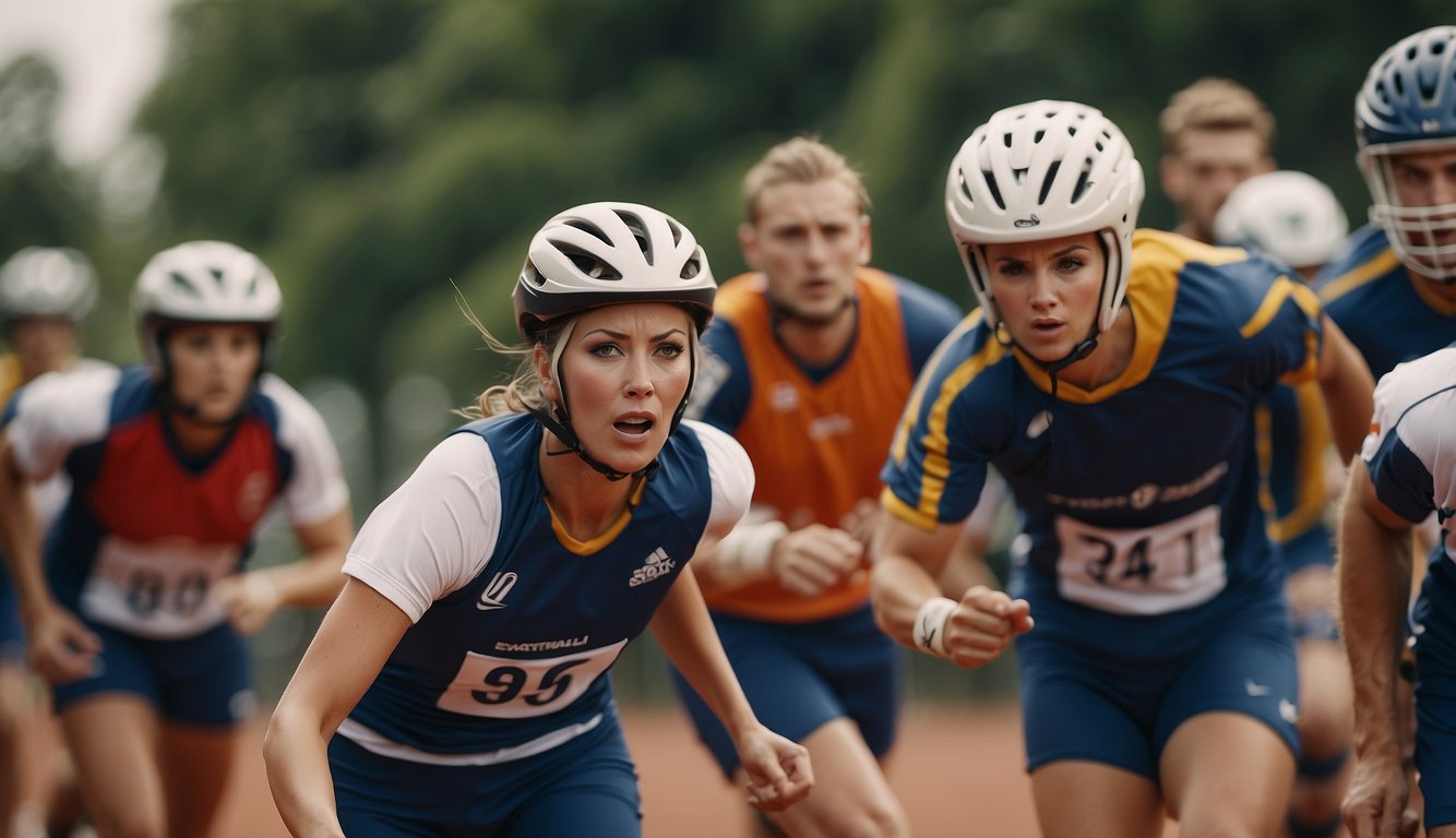 A group of people engaged in recreational sports, displaying teamwork and fair play. Meanwhile, another group competes fiercely, showcasing determination and ambition