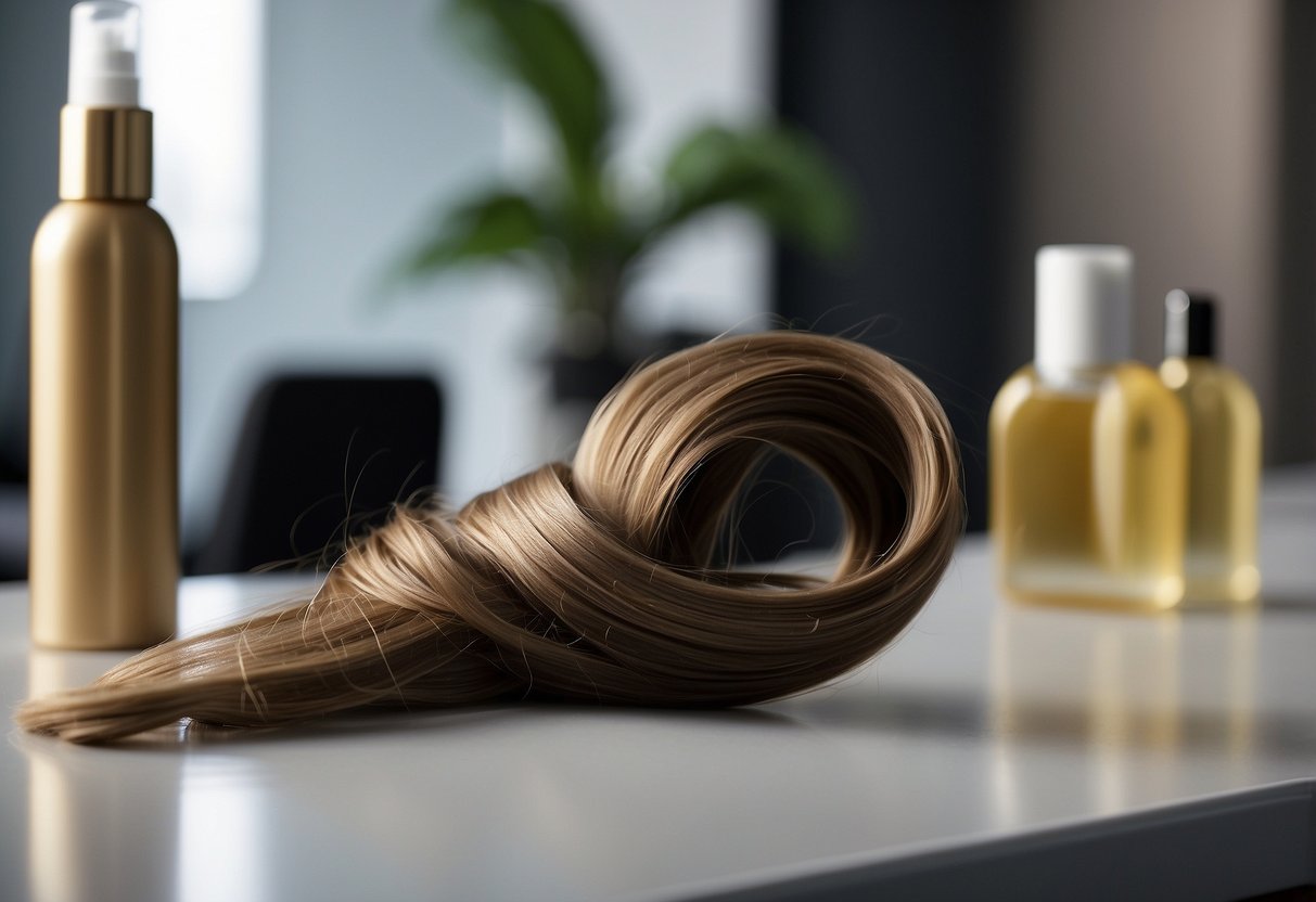 A hair extension lies on a salon table, with frizzy strands tangled and unruly. A bottle of professional care treatment sits nearby, ready to be used