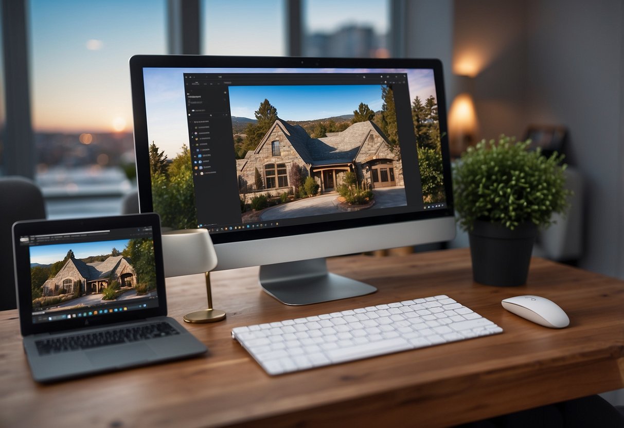 A computer with Adobe Photoshop 5 open, displaying a real estate photo being edited with various tools and adjustments