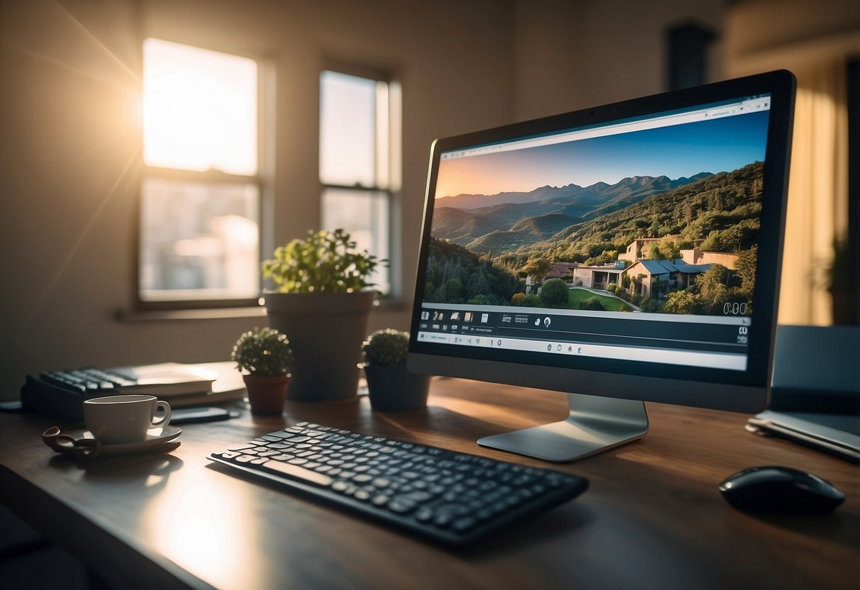 A brightly lit room with a large window, a computer with photo editing software open, and a stack of real estate photos ready to be enhanced