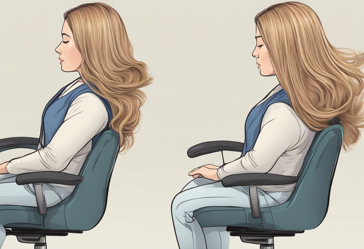 A woman's hair extensions slip out as she adjusts her seat, causing discomfort and frustration