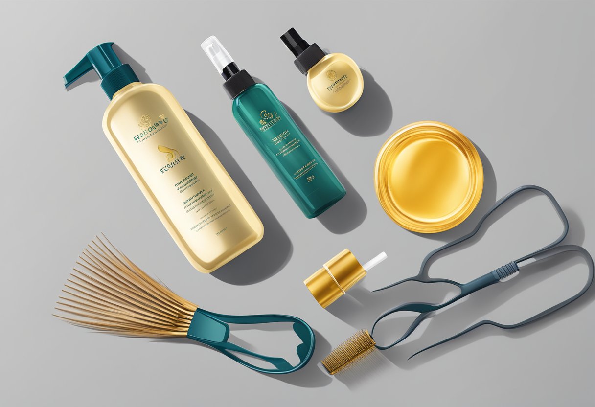 A bottle of hydrating hair oil sits next to a set of dry, brittle hair extensions. A comb and a heat protectant spray are also nearby