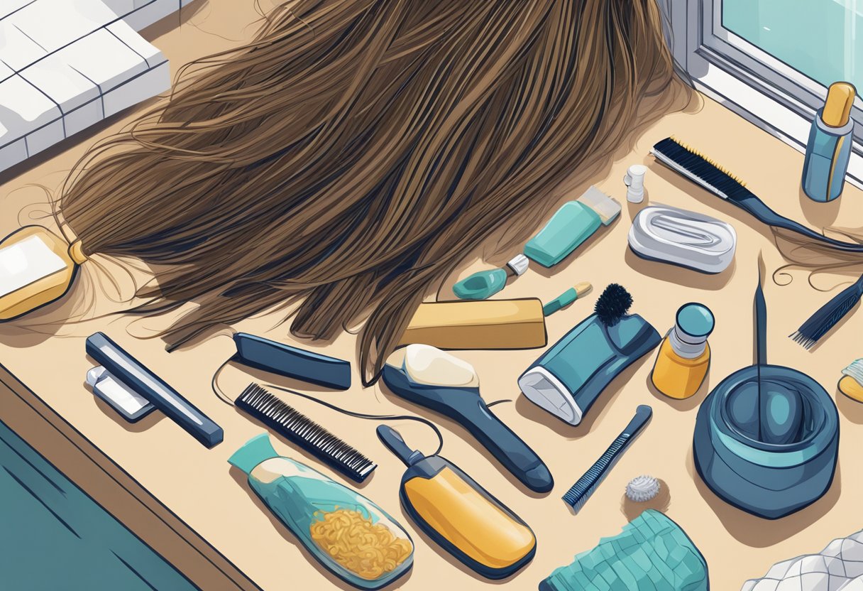 Les extensions de cheveux d'une femme sont emmêlées sur le comptoir d'une salle de bain, entourées de produits de soins capillaires et d'une brosse. Les extensions semblent emmêlées et négligées, ce qui indique la nécessité d'adapter son mode de vie pour assurer sa longévité