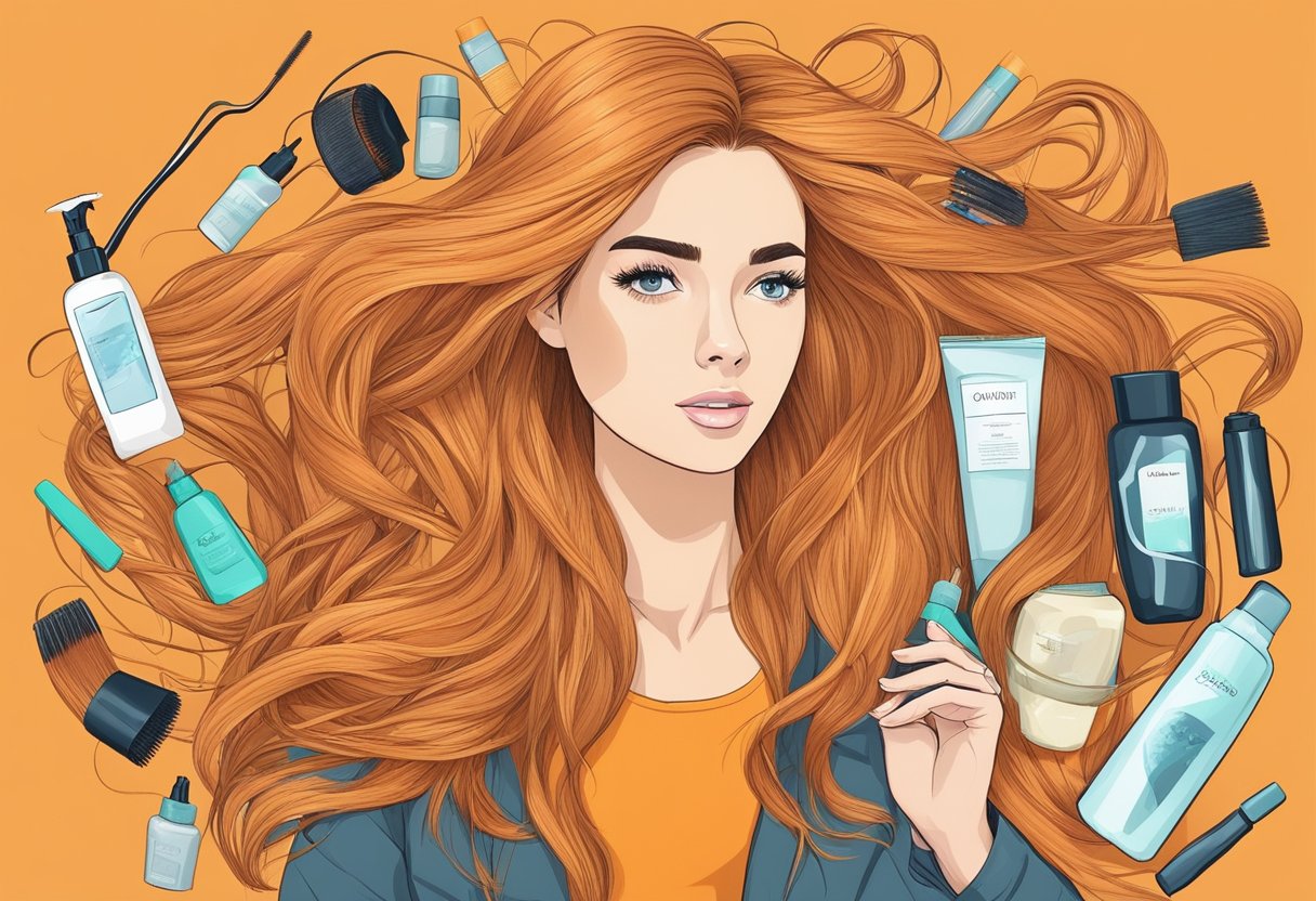 Extensiones de cabello teñido de naranja enredadas, rodeadas de productos para el cuidado del cabello y una expresión confusa.