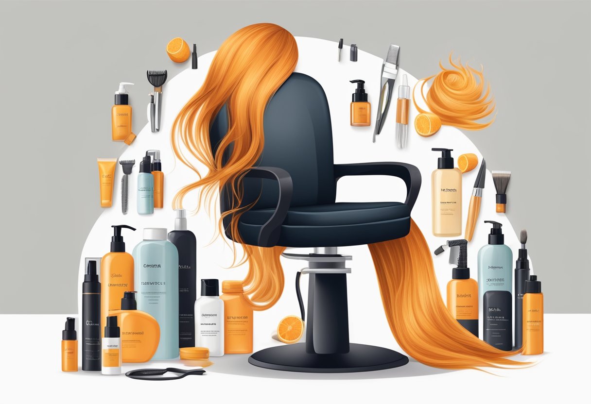 A salon chair with a client's hair extensions turning orange, surrounded by professional hair care products and solutions