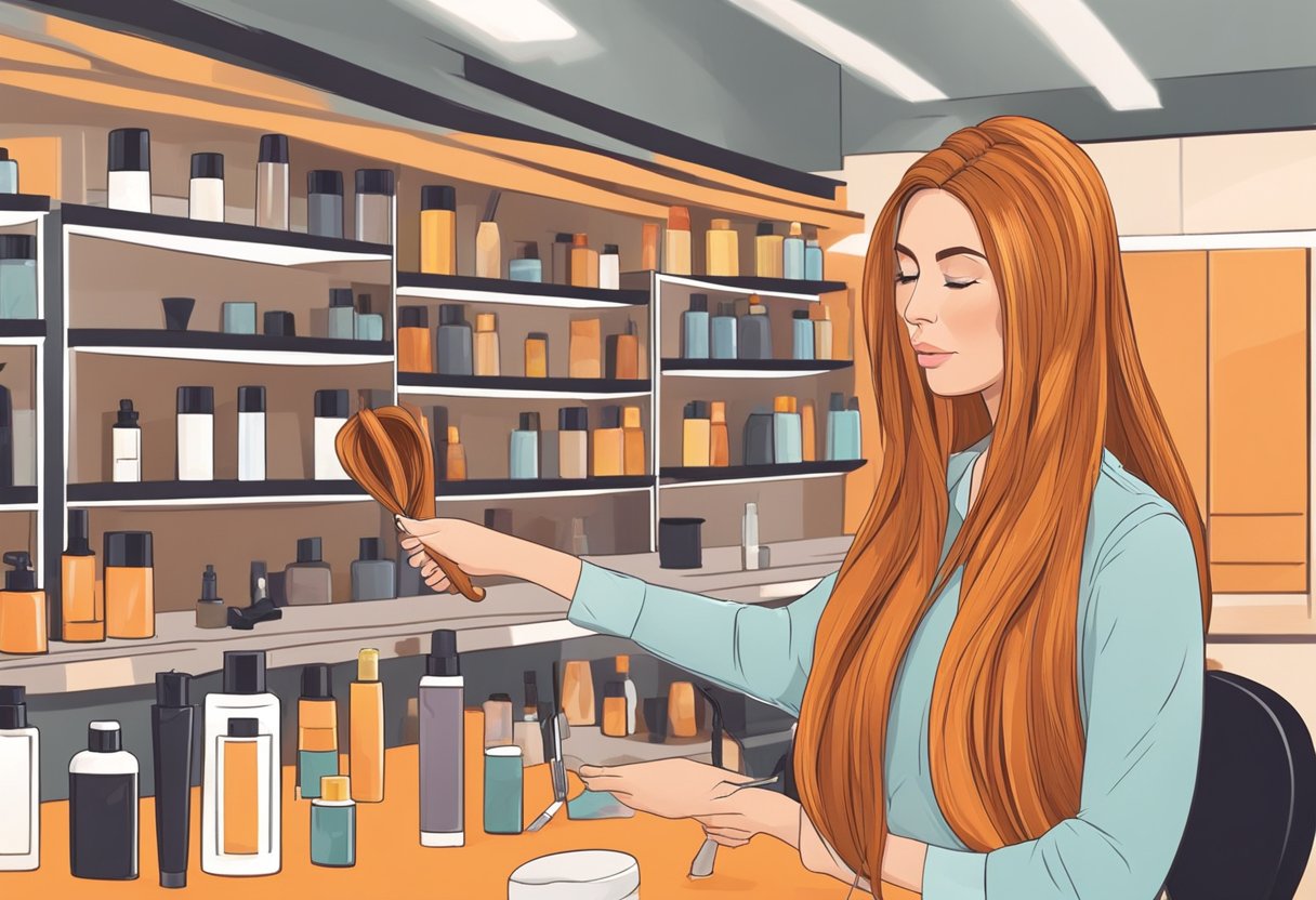 Extensiones de cabello en un salón de belleza, que se vuelven anaranjadas. La clienta parece preocupada. El peluquero examina las extensiones. Productos y herramientas para el cabello en el mostrador.