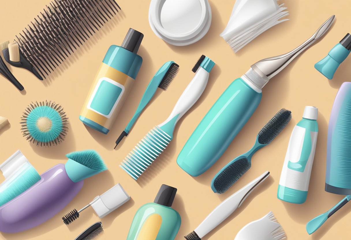 A bottle of hair care products next to a comb and brush. Frizzy hair extensions lay on a table