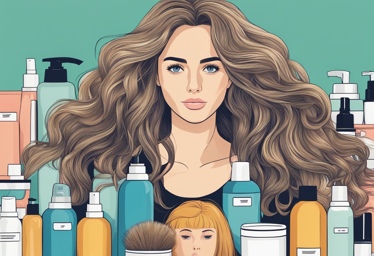 A woman holds frizzy hair extensions next to a variety of hair products, looking puzzled