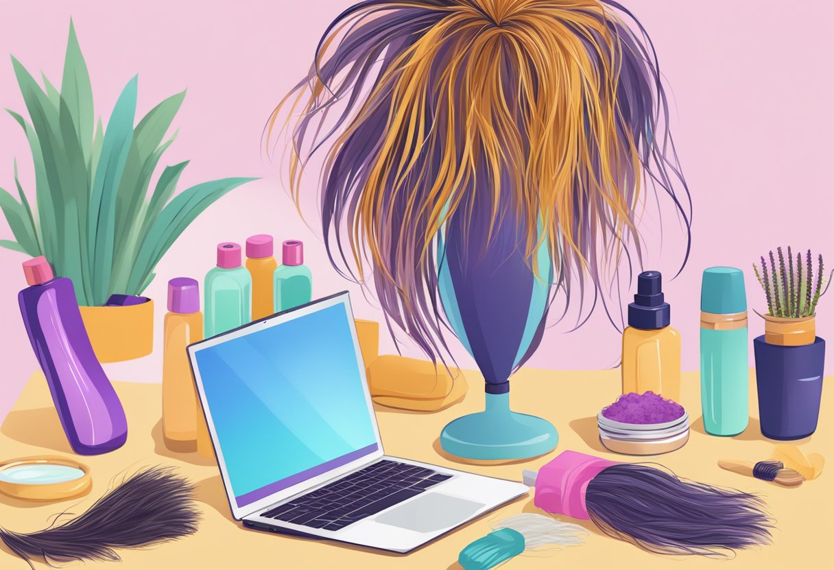 A table filled with hair care products, a tangled bundle of frizzy hair extensions, and a DIY hair mask recipe on a laptop screen