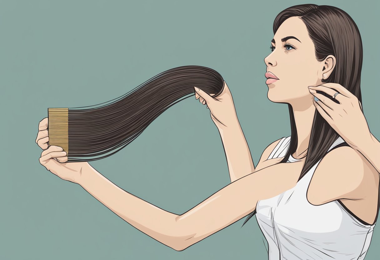 A woman's hand holds a strand of hair extension, comparing its length to a ruler. A puzzled expression on her face as she looks at the shortening extensions