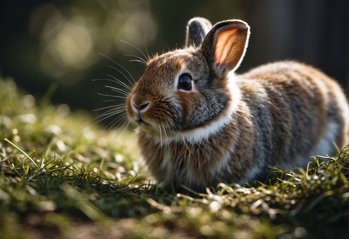 A rabbit scratches and itches furiously, fur puffed up, eyes narrowed in discomfort, while surrounded by scattered tufts of fur